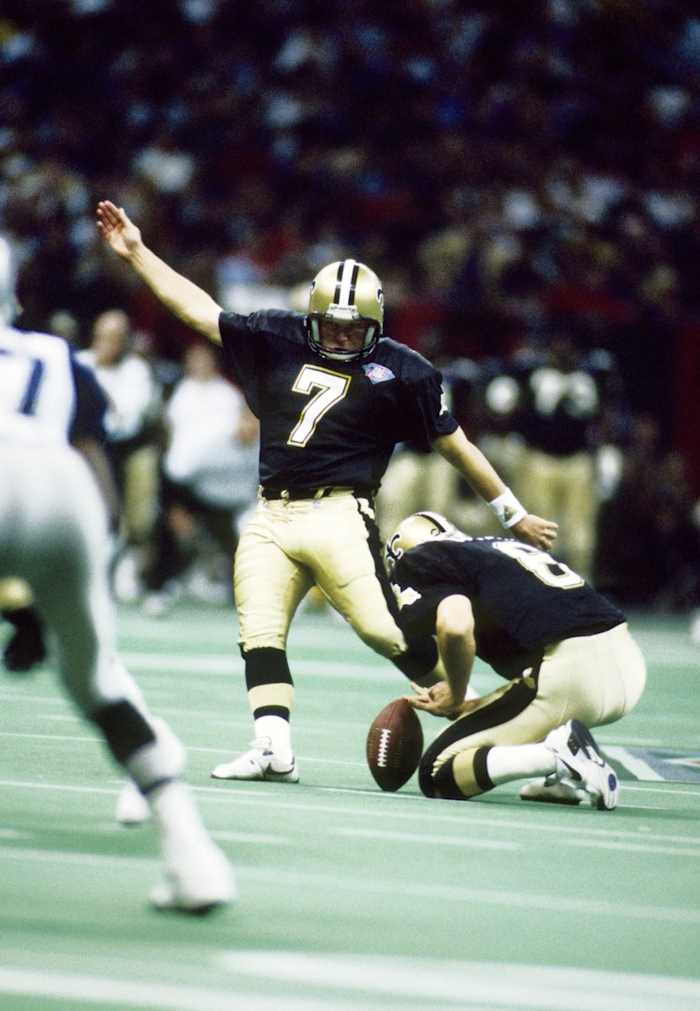 Dec 19, 1994; FILE PHOTO: New Orleans Saints kicker Morten Andersen (7) kicks a field goal against the Dallas Cowboys. Mandatory Credit: James D. Smith-USA TODAY